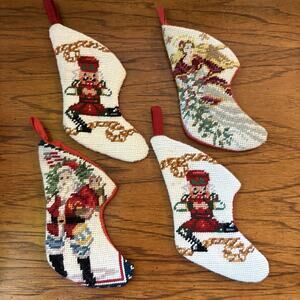 Lot of 4 Mini 5.5" Needlepoint Stocking Ornament Santa Nutcracker Angel